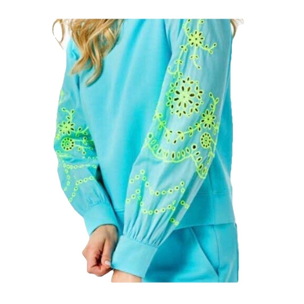 Lilly Pulitzer Top Women's XL Teal Long Sleeve Eyelet Alla Crew Neck Pullover - Picture 8 of 11